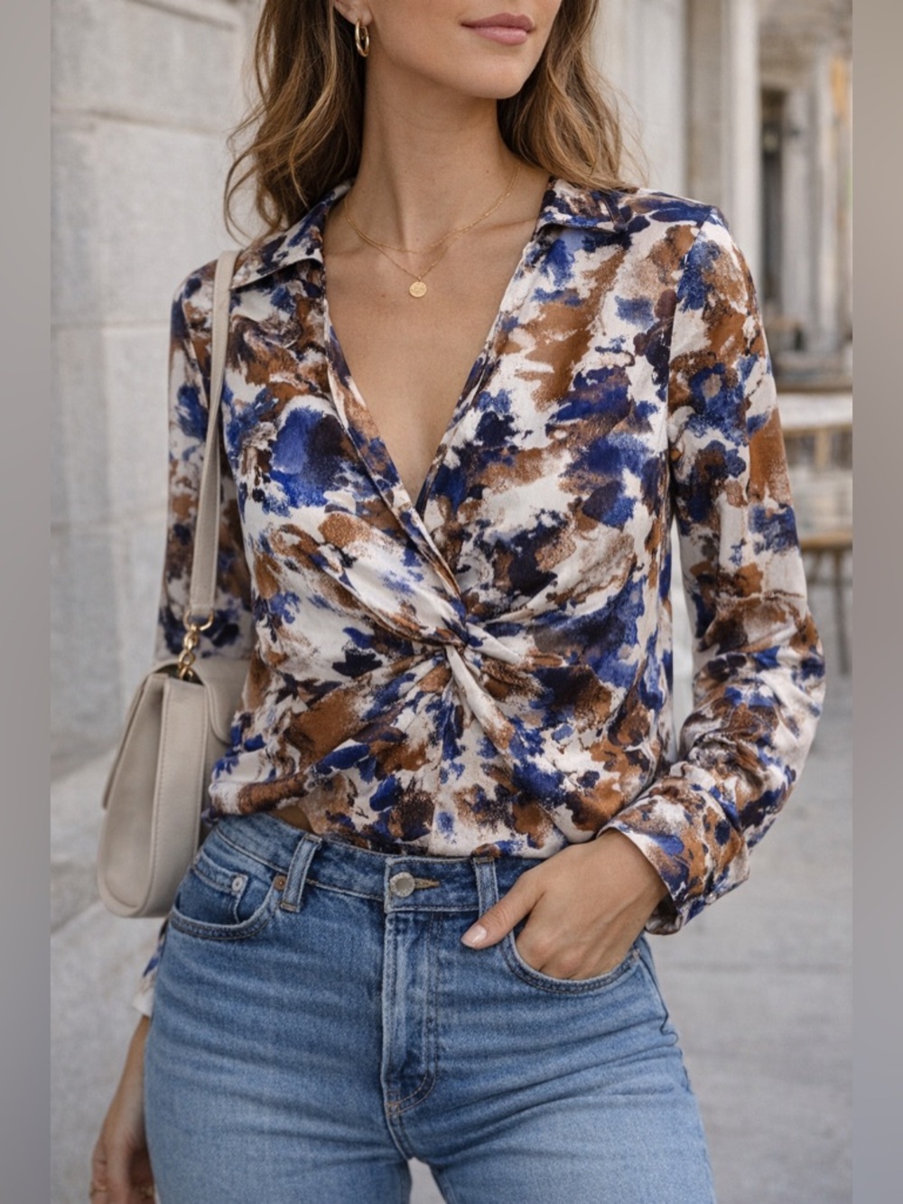 Zara Twist Front Blouse Blue Brown Abstract Satin Feel Fall Top Size L
